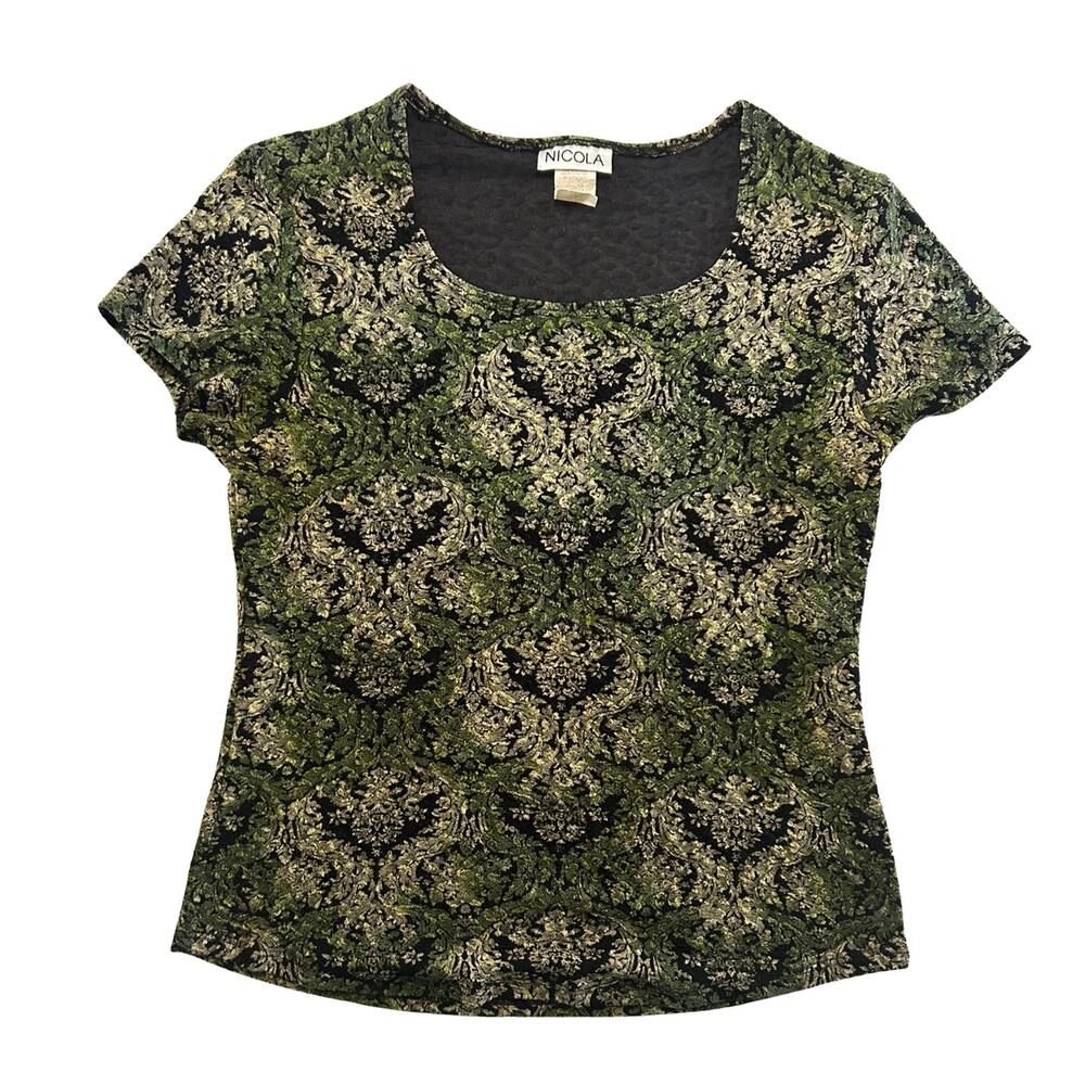 Y2K Nicola Green Damask Mesh Top S Moss Green Grunge Whimsygoth 90s Vintage